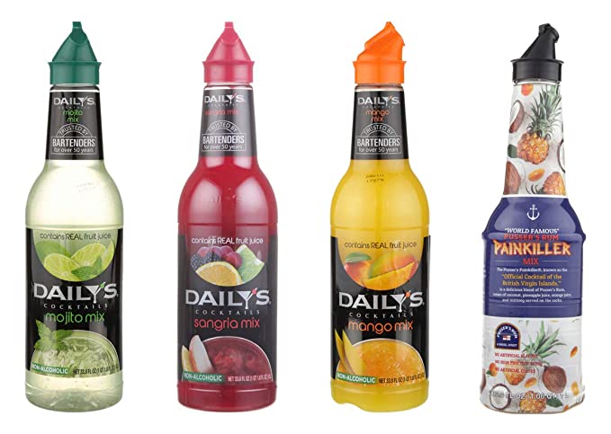 LUV BOX-Variety COCKTAIL MIXERS,33.8 Oz,Pack of 4,PUSSER'S PAINKILLER MIX,DAILY'S MANGO DAIQUIRI MIX,DAILY'S MOJITO MIX,DAILY'S SANGRIA MIX by evaxo - 301158400415