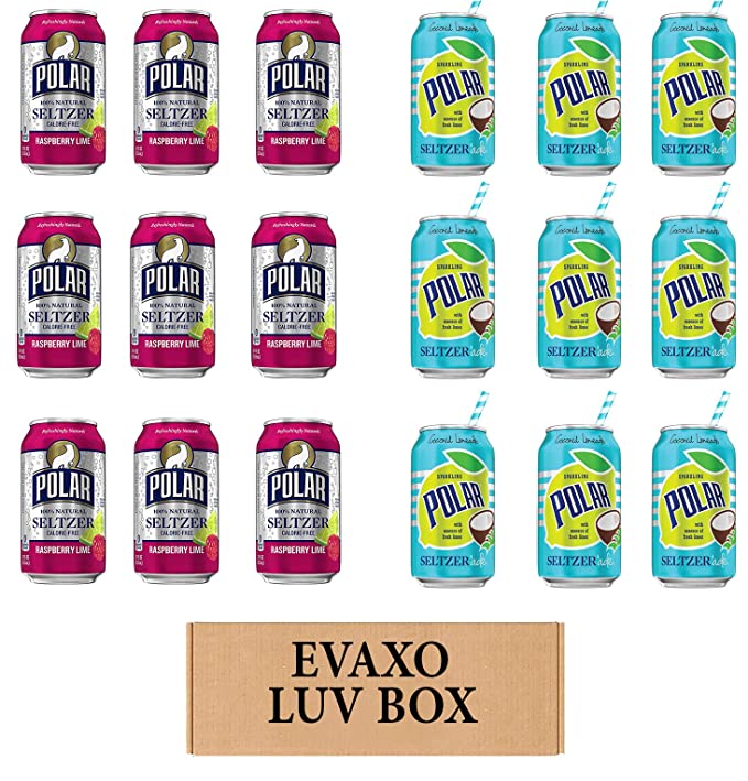 LUV BOX - VARIETY POLAR SELTZER WATER , 12oz CANS , PACK OF 18 , RASPBERRY LIME , SELTZER'ADE COCONUT LEMONADE - 301158414504
