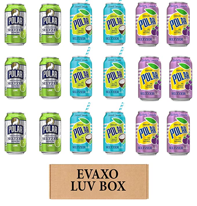 LUV BOX - VARIETY POLAR SELTZER WATER , 12oz CANS , PACK OF 18 , lime , SELTZER'ADE BLUEBERRY LEMONADE ,SELTZER'ADE COCONUT LEMONADE by evaxo - 301158414788