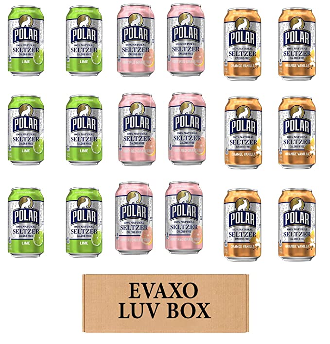 LUV BOX - VARIETY POLAR SELTZER WATER , 12oz CANS , PACK OF 18 , lime , ORANGE VANILLA ,RUBY RED GRAPEFRUIT by evaxo - 301158414825