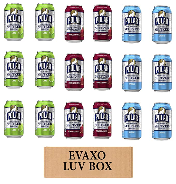 LUV BOX - VARIETY POLAR SELTZER WATER , 12oz CANS , PACK OF 18 , lime , ORIGINAL ,POMEGRANATE by evaxo - 301158414849