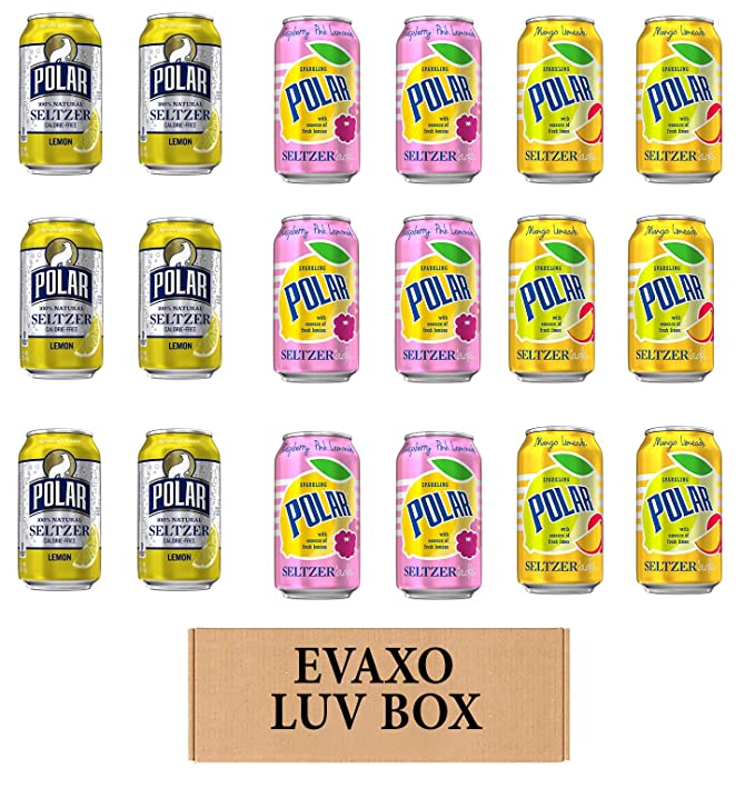 LUV BOX - VARIETY POLAR SELTZER WATER , 12oz CANS , PACK OF 18 , lemon , SELTZER'ADE MANGO LEMONADE , SELTZER'ADE RASPBERRY MANGO LEMONADE by evaxo - 301158414894