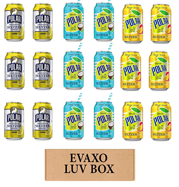  LUV BOX - VARIETY POLAR SELTZER WATER , 12oz CANS , PACK OF 18 , lemon , SELTZER'ADE COCONUT LEMONADE , SELTZER'ADE MANGO LEMONADE  - 301158414900