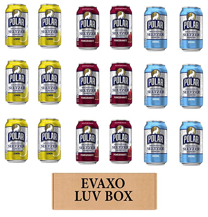  LUV BOX - VARIETY POLAR SELTZER WATER , 12oz CANS , PACK OF 18 , lemon , ORIGINAL ,POMEGRANATE by evaxo  - 301158414979