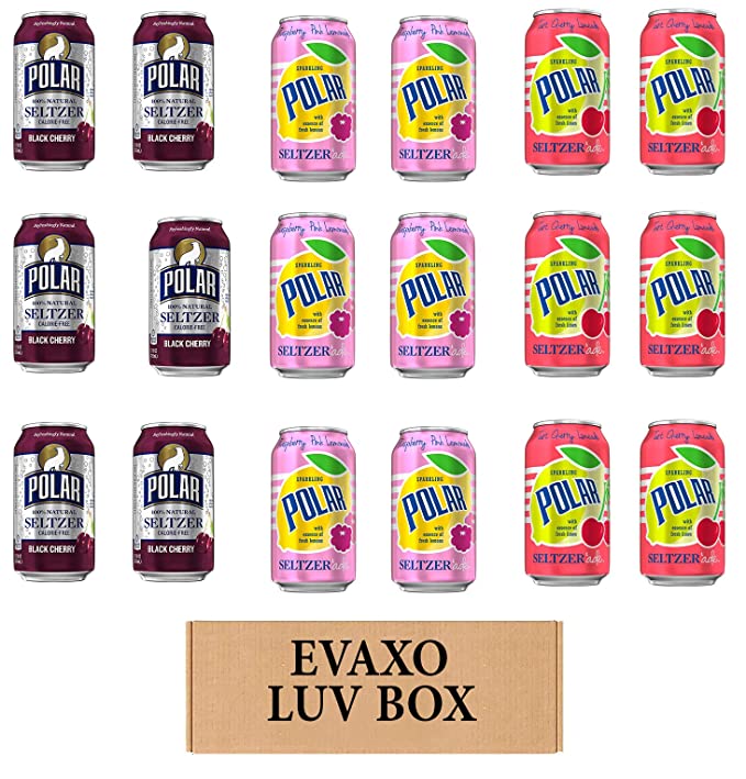 LUV BOX - VARIETY POLAR SELTZER WATER , 12oz CANS , PACK OF 18 , black cherry , SELTZER'ADE RASPBERRY MANGO LEMONADE , SELTZER'ADE TART CHERRY LIMONADE by evaxo - 301158415006