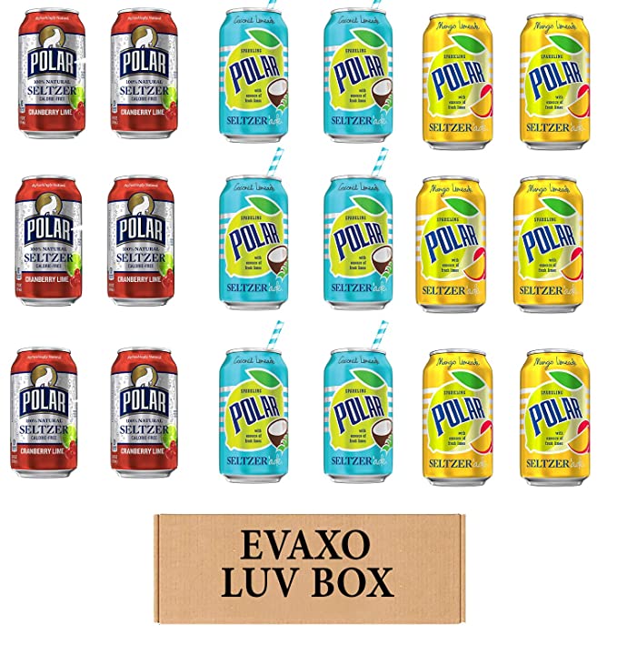 LUV BOX - VARIETY POLAR SELTZER WATER , 12oz CANS , PACK OF 18 , CRANBERRY LIME , SELTZER'ADE COCONUT LEMONADE ,SELTZER'ADE MANGO LEMONADE by evaxo - 301158415181