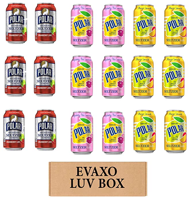LUV BOX - VARIETY POLAR SELTZER WATER , 12oz CANS , PACK OF 18 , CRANBERRY LIME , SELTZER'ADE MANGO LEMONADE , SELTZER'ADE RASPBERRY MANGO LEMONADE by evaxo - 301158415198