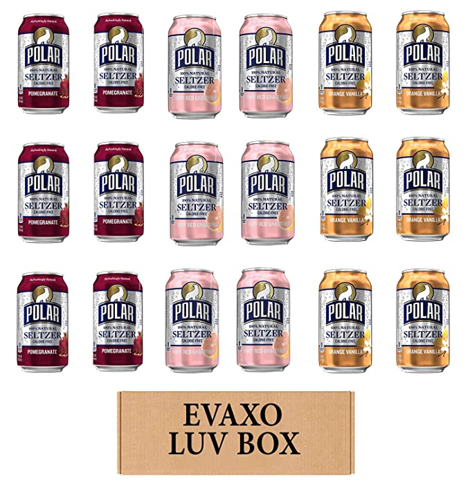 LUV BOX - VARIETY POLAR SELTZER WATER , 12oz CANS , PACK OF 18 , POMEGRANATE , ORANGE VANILLA , RUBY RED GRAPEFRUIT by evaxo - 301158415303