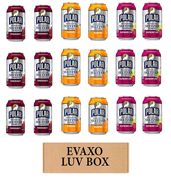 LUV BOX - VARIETY POLAR SELTZER WATER , 12oz CANS , PACK OF 18 , POMEGRANATE , RASPBERRY LIME , MANDARIN ORANGE by evaxo - 301158415327