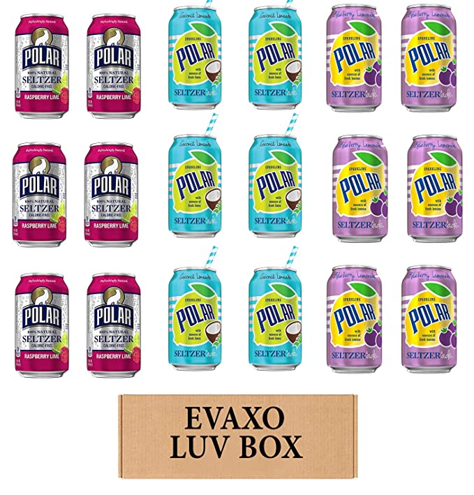 LUV BOX - VARIETY POLAR SELTZER WATER , 12oz CANS , PACK OF 18 , RASPBERRY LIME , SELTZER'ADE BLUEBERRY LEMONADE , SELTZER'ADE COCONUT LEMONADE by evaxo - 301158415525
