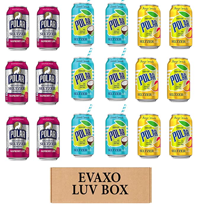 LUV BOX - VARIETY POLAR SELTZER WATER , 12oz CANS , PACK OF 18 , RASPBERRY LIME , SELTZER'ADE COCONUT LEMONADE , SELTZER'ADE MANGO LEMONADE by evaxo - 301158415532