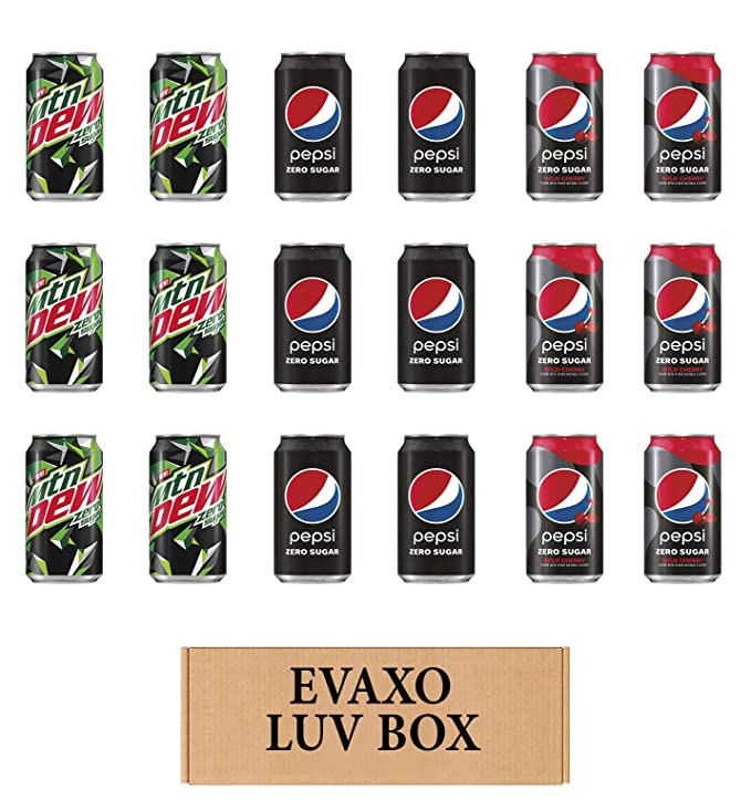 LUV BOX – VARIETY ZERO SUGAR SOFT DRINKS 12oz , PACK OF 18 ,Mtn Dew Zero Sugar ,Pepsi Zero Sugar ,Pepsi Zero Sugar Wild Cherry ,by evaxo - 301158415723