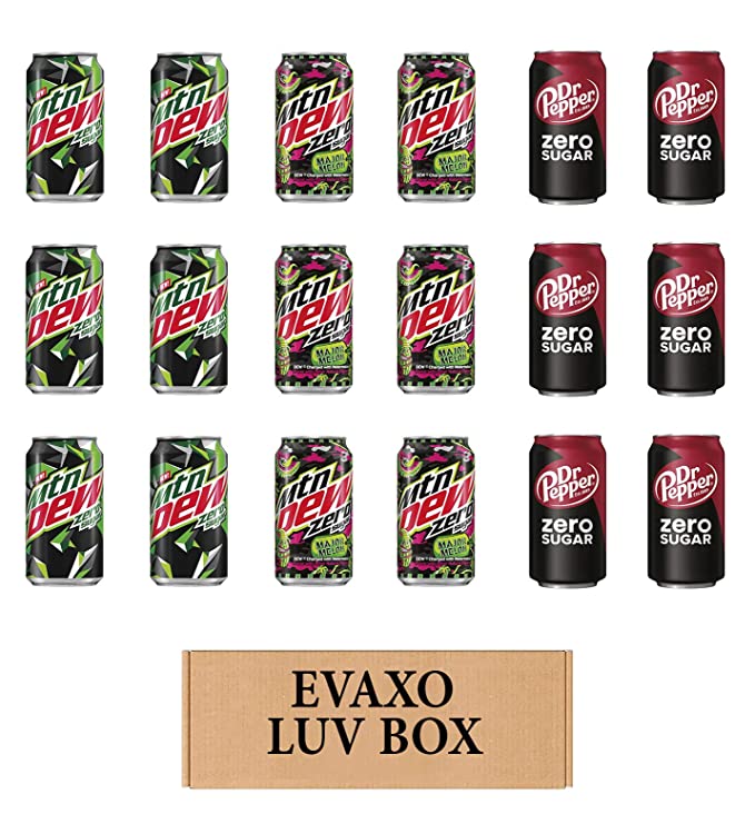 LUV BOX – VARIETY ZERO SUGAR SOFT DRINKS 12oz , PACK OF 18 ,Mtn Dew Zero Sugar ,Mtn Dew Major Melon Zero Sugar ,Dr Pepper Zero Sugar by evaxo - 301158415747