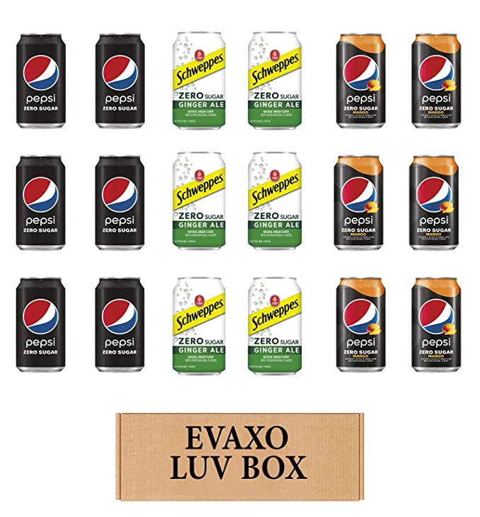 LUV BOX – VARIETY ZERO SUGAR SOFT DRINKS 12oz , PACK OF 18 ,Pepsi Zero Sugar ,Pepsi Mango Zero Sugar ,Schweppes Ginger Ale Zero Sugar , - 301158415839