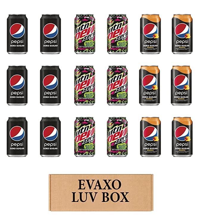 LUV BOX – VARIETY ZERO SUGAR SOFT DRINKS 12oz , PACK OF 18 ,Pepsi Zero Sugar ,Mtn Dew Major Melon Zero Sugar ,Pepsi Mango Zero Sugar ,by evaxo - 301158415914
