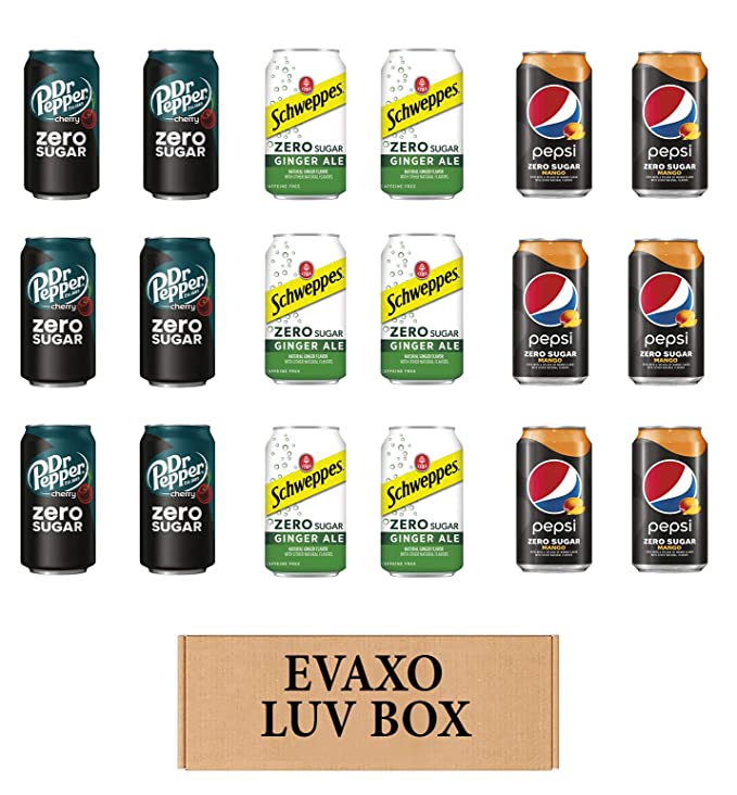 LUV BOX – VARIETY ZERO SUGAR SOFT DRINKS 12oz , PACK OF 18 ,Dr Pepper Zero Sugar Cherry ,Pepsi Mango Zero Sugar ,Schweppes Ginger Ale Zero Sugar ,by evaxo - 301158416027
