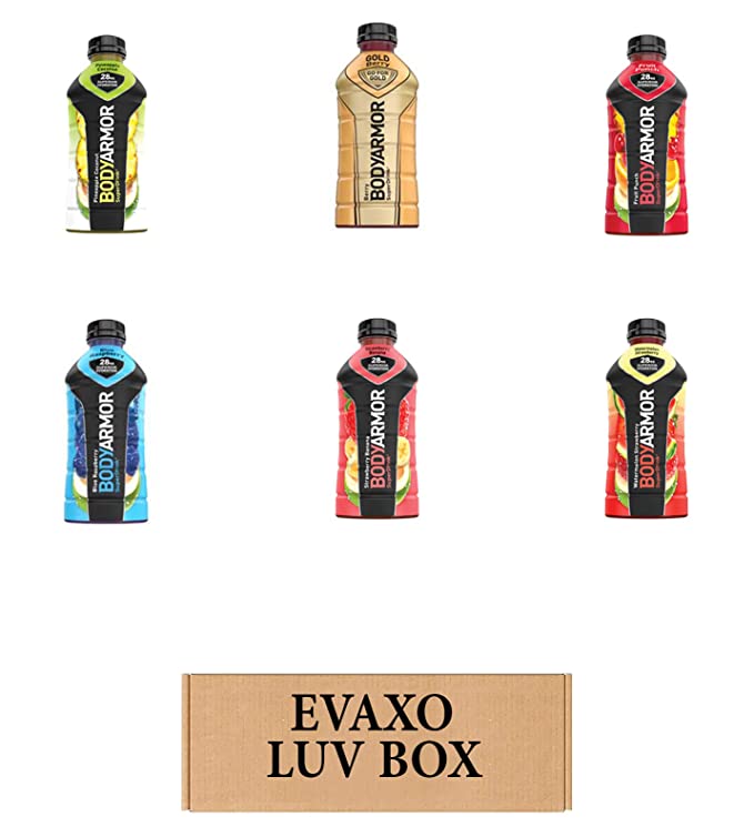 LUV BOX – VARIETY BODYARMOR ENERGY DRINKS 28 OZ BOTTLES, PACK OF 6 ,STRAWBERRY BANANA, FRUIT PUNCH, WATERMELON STRAWBERRY, PINEAPPLE COCONUT, GOLD BERRY, BLUE RASPBERRY,by evaxo - 301158416126