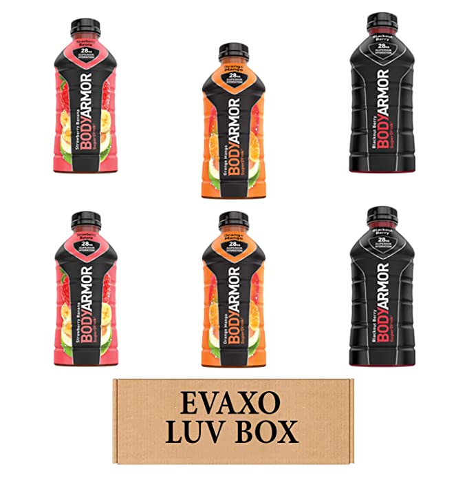 LUV BOX – VARIETY BODYARMOR ENERGY DRINKS 28 OZ BOTTLES, PACK OF 6 , ORANGE MANGO, STRAWBERRY BANANA,BLACKOUT BERRY,by evaxo - 301158416188