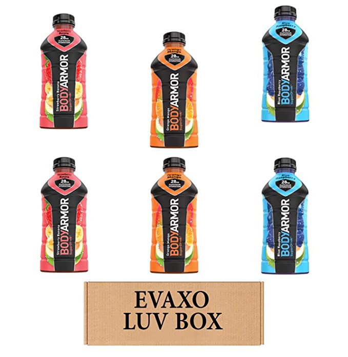 LUV BOX – VARIETY BODYARMOR ENERGY DRINKS 28 OZ BOTTLES, PACK OF 6 , ORANGE MANGO, STRAWBERRY BANANA,BLUE RASPBERRY,by evaxo - 301158416249