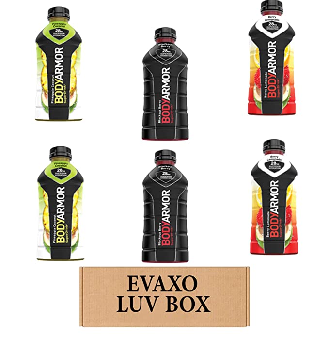 LUV BOX – VARIETY BODYARMOR ENERGY DRINKS 28 OZ BOTTLES, PACK OF 6 ,BLACKOUT BERRY, PINEAPPLE COCONUT, BERRY LEMONADE,by evaxo - 301158416621