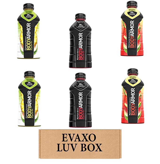 LUV BOX – VARIETY BODYARMOR ENERGY DRINKS 28 OZ BOTTLES, PACK OF 6 ,BLACKOUT BERRY, WATERMELON STRAWBERRY, PINEAPPLE COCONUT,by evaxo - 301158416638