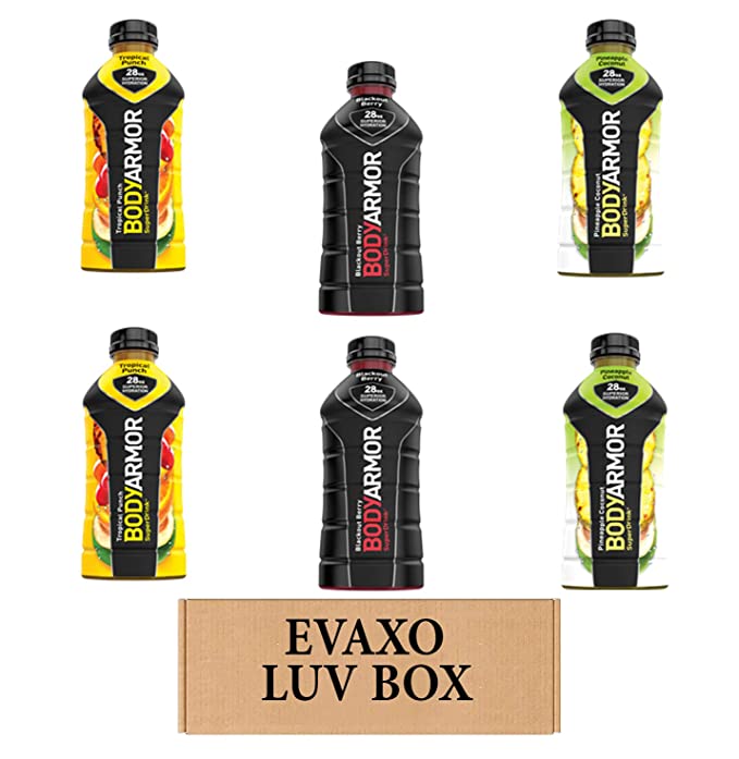 LUV BOX – VARIETY BODYARMOR ENERGY DRINKS 28 OZ BOTTLES, PACK OF 6 ,BLACKOUT BERRY, TROPICAL PUNCH, PINEAPPLE COCONUT,by evaxo - 301158416676