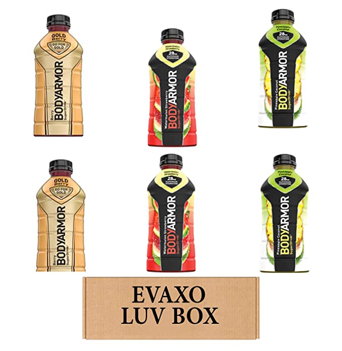 LUV BOX – VARIETY BODYARMOR ENERGY DRINKS 28 OZ BOTTLES, PACK OF 6 ,WATERMELON STRAWBERRY, PINEAPPLE COCONUT, GOLD BERRY,by evaxo - 301158416737