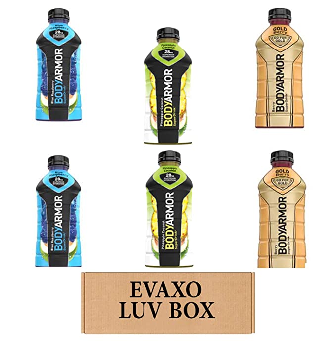 LUV BOX – VARIETY BODYARMOR ENERGY DRINKS 28 OZ BOTTLES, PACK OF 6 ,PINEAPPLE COCONUT, GOLD BERRY, BLUE RASPBERRY,by evaxo - 301158416805