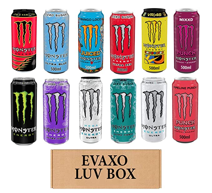 LUV BOX - Variety Monster Drink 500ml Cans Pack of 12,Energy original,Mango Loco,Energy Ultra Violet,Ultra Mega,Energy Ultra Fiesta,Energy Ultra Red,Energy Ultra Blue,Zero Ultra,Pipeline Punch,Punch,The Doctor,Energy Lewis Hamilt,by evaxo - 301158420468