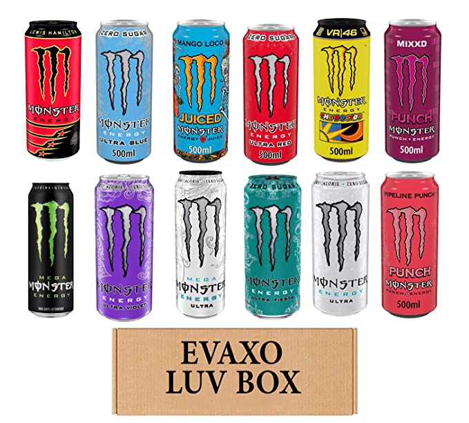 LUV BOX - Variety Monster Drink 500ml Cans Pack of 12,Mango Loco,Mega Energy,Energy Ultra Violet,Ultra Mega,Energy Ultra Fiesta,Energy Ultra Red,Energy Ultra Blue,Zero Ultra,Pipeline Punch,Punch,The Doctor,Energy Lewis Hamilt,by evaxo - 301158420475