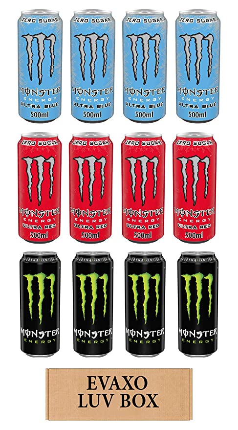 LUV BOX - Variety Monster Drink 500ml Cans Pack of 12,Energy original,Energy Ultra Red,Energy Ultra Blue,by evaxo - 301158422028