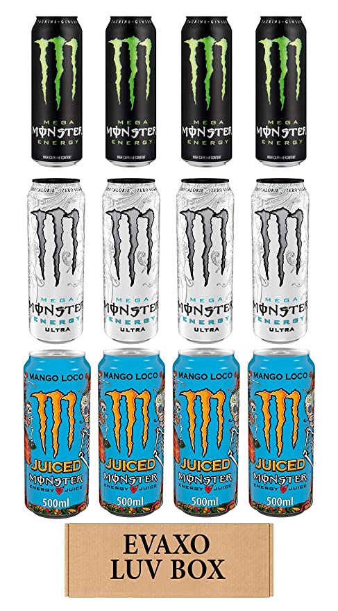 LUV BOX - Variety Monster Drink 500ml Cans Pack of 12,Mango Loco,Mega Energy,Ultra Mega,by evaxo - 301158422141