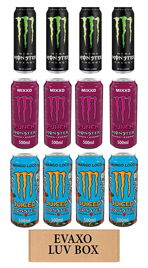 LUV BOX - Variety Monster Drink 500ml Cans Pack of 12,Mango Loco,Mega Energy,Punch,by evaxo - 301158422202