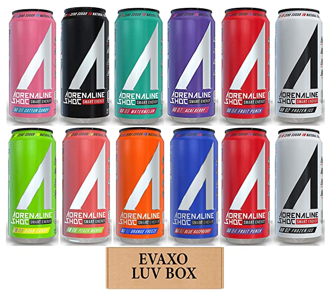 LUV BOX - Variety Adrenaline Shoc Smart Energy Drink 16 oz Cans Pack of 12,Cotton Candy,Shoc Wave,Watermelon,Acai Berry,Fruit Punch,Frozen Ice,Sour Candy,Peach Mango,Orange Freeze,Blue Raspberry,by evaxo - 301158423568