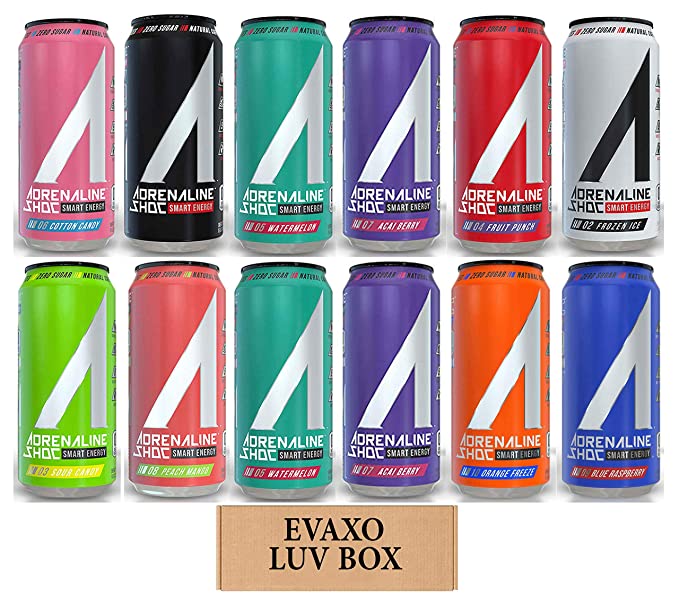 LUV BOX - Variety Adrenaline Shoc Smart Energy Drink 16 oz Cans Pack of 12,Cotton Candy,Shoc Wave,Watermelon,Acai Berry,Fruit Punch,Frozen Ice,Sour Candy,Peach Mango,Orange Freeze,Blue Raspberry,by evaxo - 301158423582
