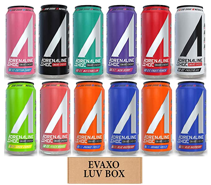  LUV BOX - Variety Adrenaline Shoc Smart Energy Drink 16 oz Cans Pack of 12,Cotton Candy,Shoc Wave,Watermelon,Acai Berry,Fruit Punch,Frozen Ice,Sour Candy,Peach Mango,Orange Freeze,Blue Raspberry,by evaxo  - 301158423599