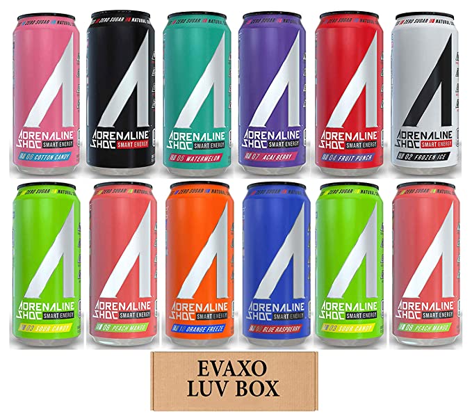 LUV BOX - Variety Adrenaline Shoc Smart Energy Drink 16 oz Cans Pack of 12,Cotton Candy,Shoc Wave,Watermelon,Acai Berry,Fruit Punch,Frozen Ice,Sour Candy,Peach Mango,Orange Freeze,Blue Raspberry, by evaxo - 301158423605
