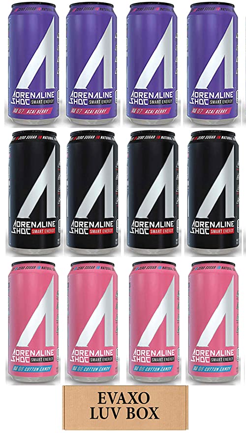 LUV BOX - Variety Adrenaline Shoc Smart Energy Drink 16 oz Cans Pack of 12,Cotton Candy,Shoc Wave,Acai Berry,by evaxo - 301158423629