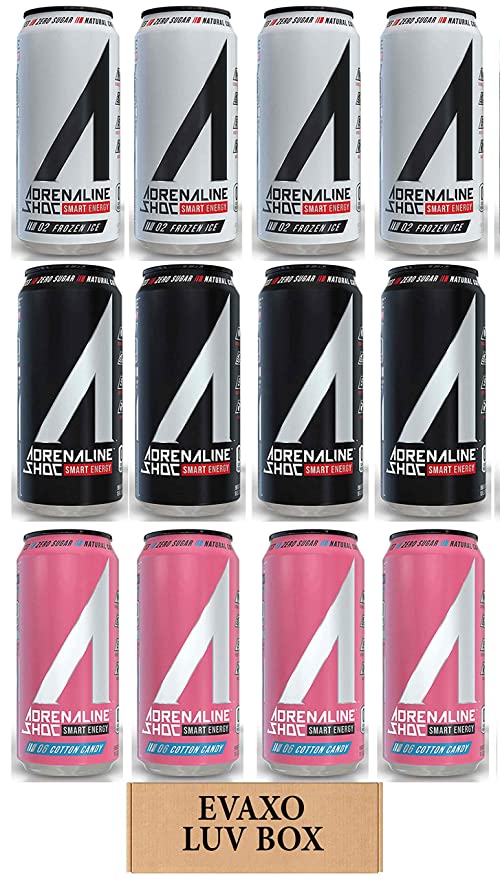 LUV BOX - Variety Adrenaline Shoc Smart Energy Drink 16 oz Cans Pack of 12,Cotton Candy,Shoc Wave,Frozen Ice,by evaxo - 301158423643