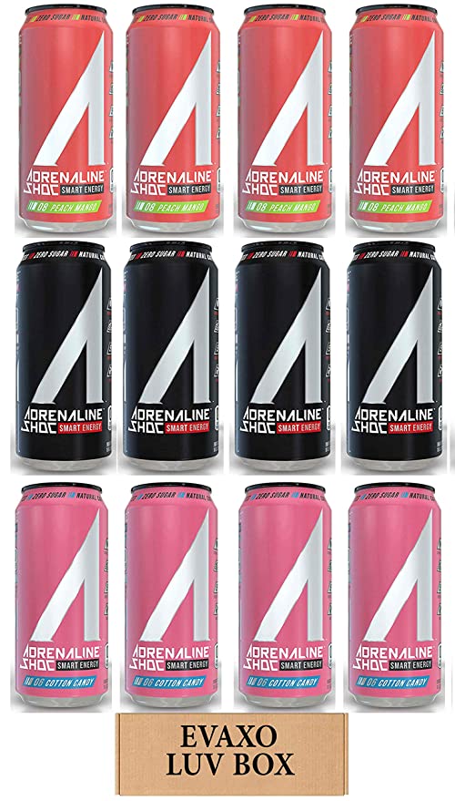 LUV BOX - Variety Adrenaline Shoc Smart Energy Drink 16 oz Cans Pack of 12,Cotton Candy,Shoc Wave,Peach Mango,by evaxo - 301158423667