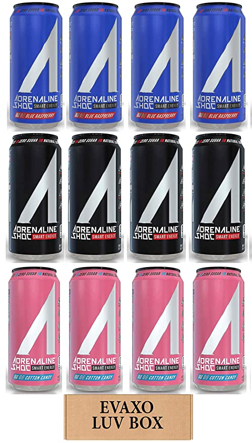LUV BOX - Variety Adrenaline Shoc Smart Energy Drink 16 oz Cans Pack of 12,Cotton Candy,Shoc Wave,Blue Raspberry, - 301158423681