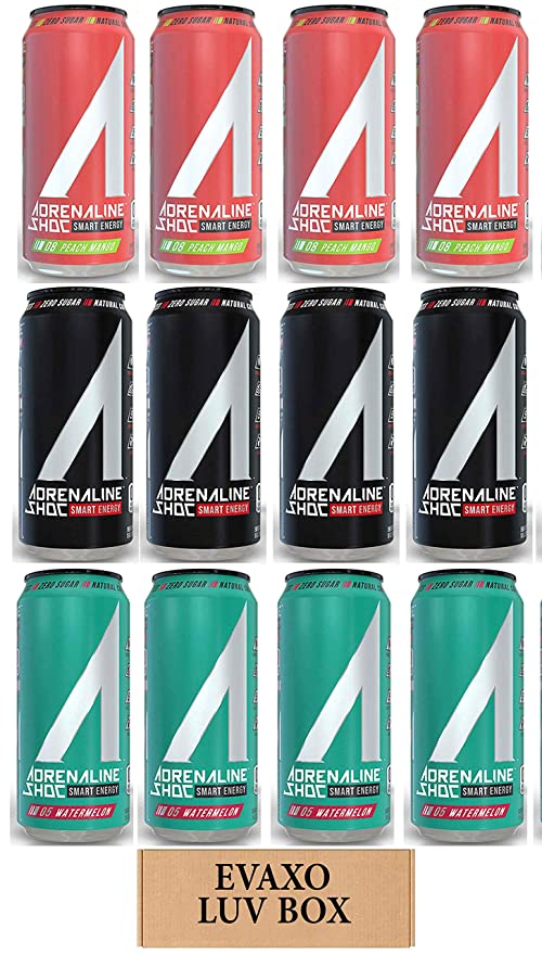  LUV BOX - Variety Adrenaline Shoc Smart Energy Drink 16 oz Cans Pack of 12,Shoc Wave,Watermelon,Peach Mango,by evaxo  - 301158423735