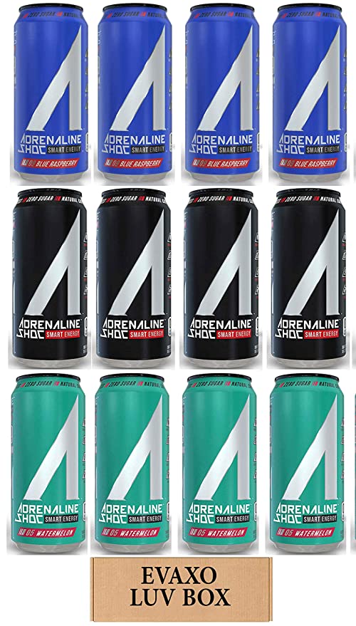  LUV BOX - Variety Adrenaline Shoc Smart Energy Drink 16 oz Cans Pack of 12,Shoc Wave,Watermelon,Blue Raspberry,by evaxo  - 301158423759
