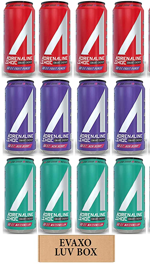 LUV BOX - Variety Adrenaline Shoc Smart Energy Drink 16 oz Cans Pack of 12,Watermelon,Acai Berry,Fruit Punch,by evaxo - 301158423766