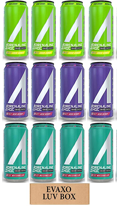 LUV BOX - Variety Adrenaline Shoc Smart Energy Drink 16 oz Cans Pack of 12,Watermelon,Acai Berry,Sour Candy,by evaxo - 301158423780