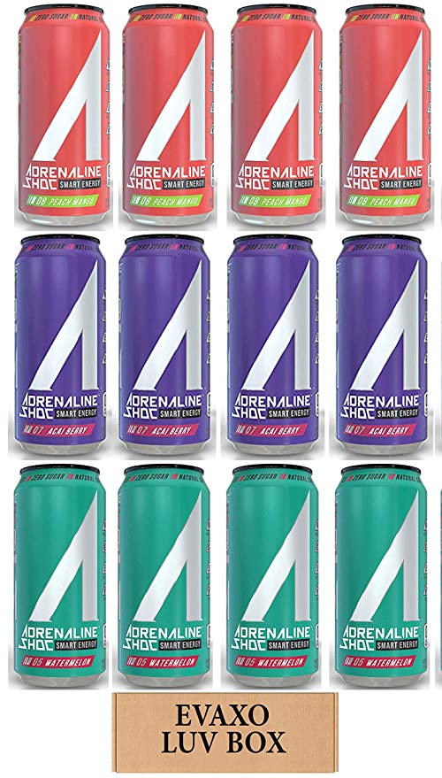  LUV BOX - Variety Adrenaline Shoc Smart Energy Drink 16 oz Cans Pack of 12,Watermelon,Acai Berry,Peach Mango,  - 301158423797