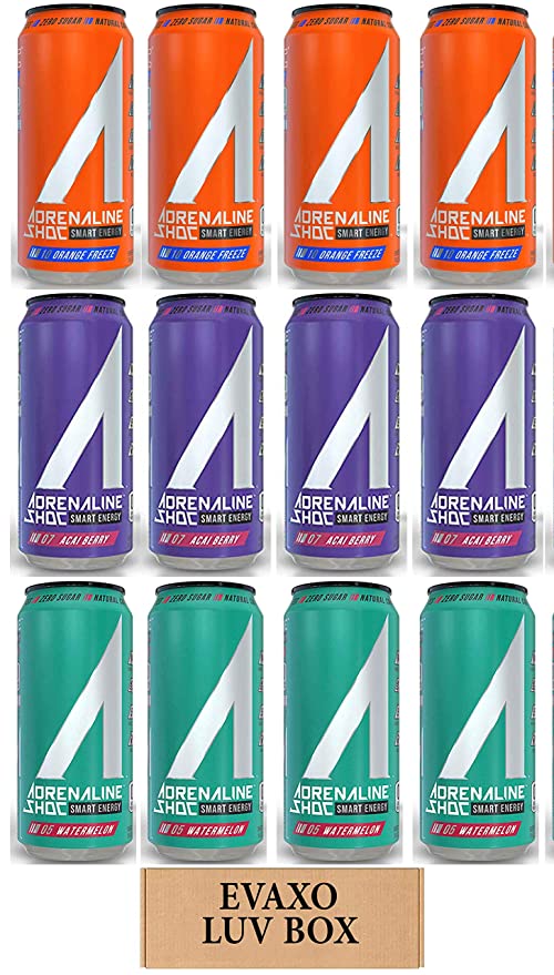 LUV BOX - Variety Adrenaline Shoc Smart Energy Drink 16 oz Cans Pack of 12,Watermelon,Acai Berry,Orange Freeze, - 301158423803