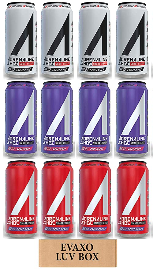  LUV BOX - Variety Adrenaline Shoc Smart Energy Drink 16 oz Cans Pack of 12,Acai Berry,Fruit Punch,Frozen Ice,  - 301158423827