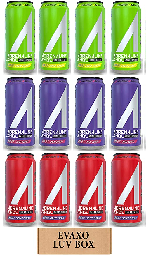  LUV BOX - Variety Adrenaline Shoc Smart Energy Drink 16 oz Cans Pack of 12,Acai Berry,Fruit Punch,Sour Candy,  - 301158423834