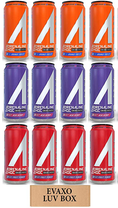  LUV BOX - Variety Adrenaline Shoc Smart Energy Drink 16 oz Cans Pack of 12,Acai Berry,Fruit Punch,Orange Freeze,by evaxo  - 301158423858